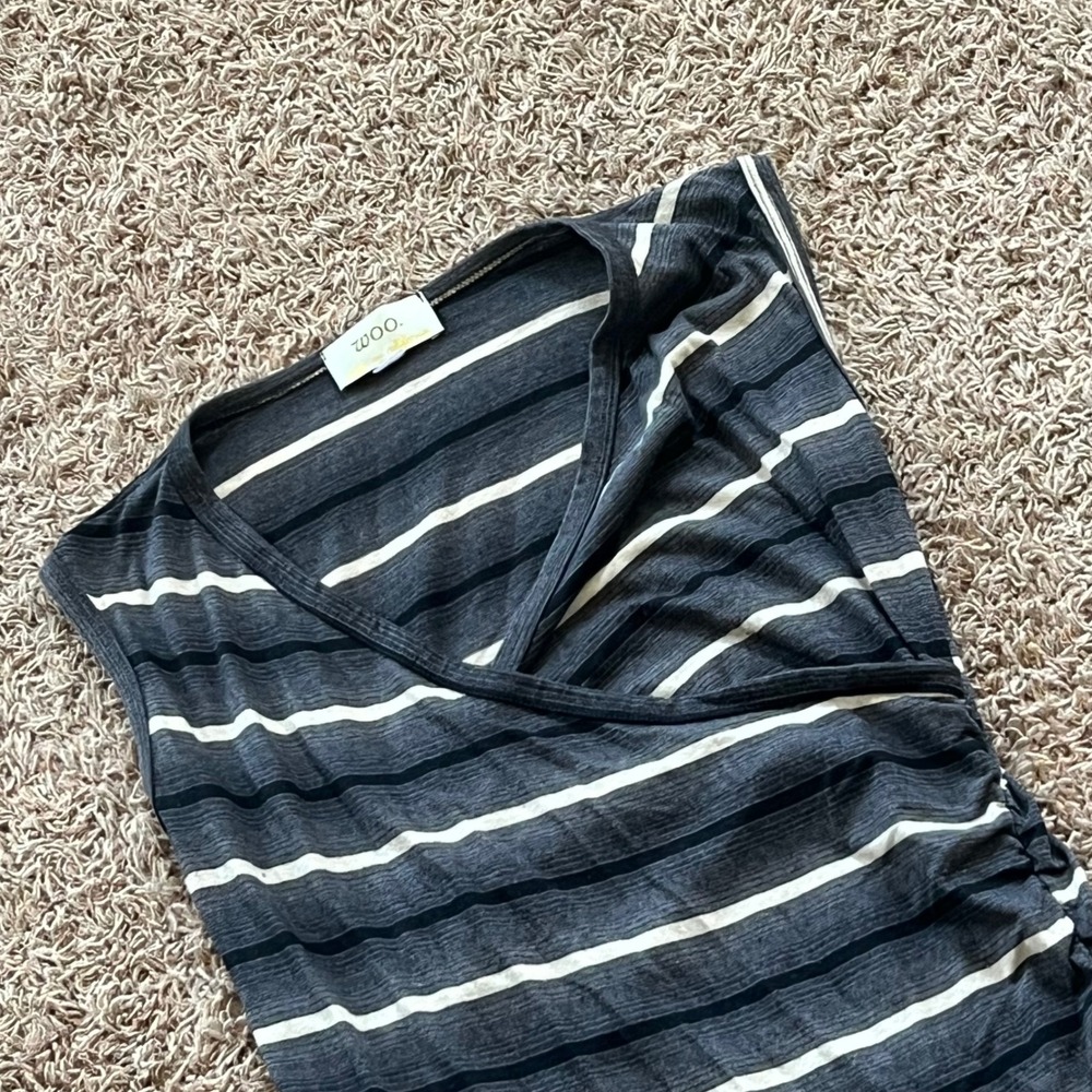 Woo. California Grey Striped‎ Sleeveless Ruched Faux Wrap Maxi Dress Small USA